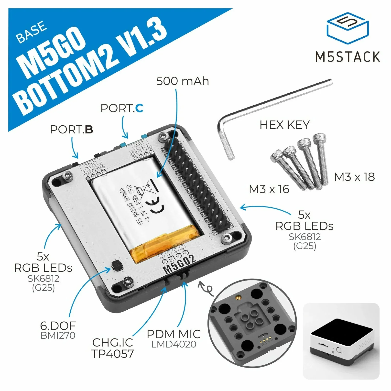 M5Stack Base M5GO Bottom2 v1.3 Expansion Base for Core2 Only Portable IoT Development Kit
