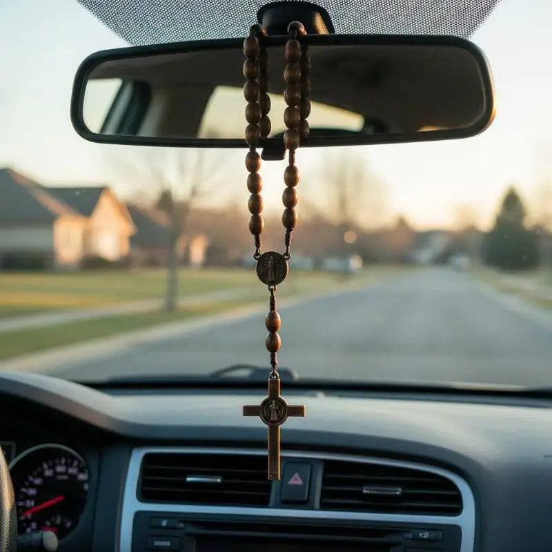 Car Rearview Mirror Decoration Handmade Wood Rosary Necklace with 33 Religious Wood Beads for Spiritual Protection