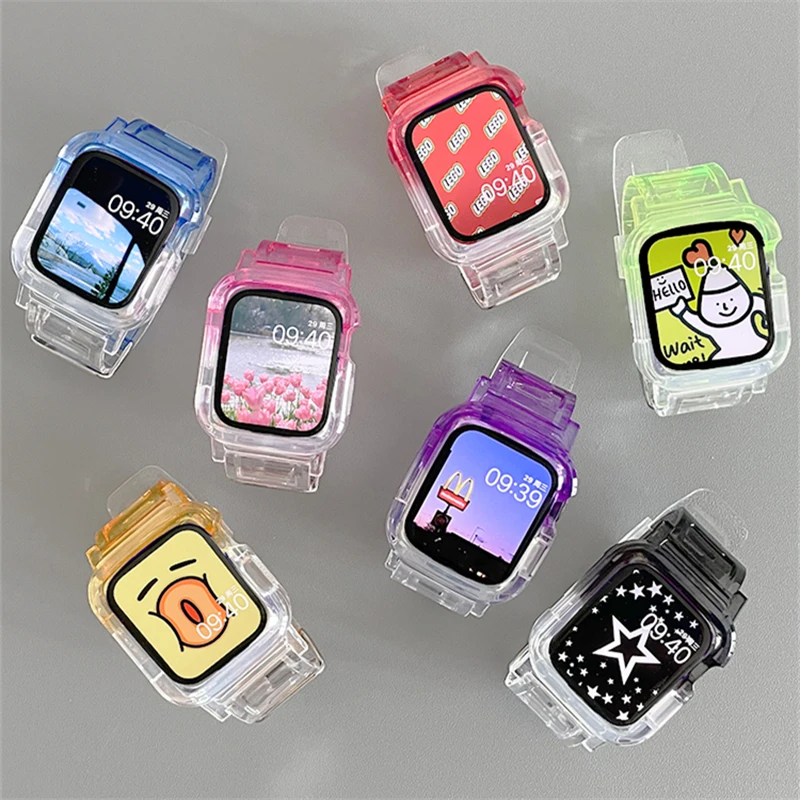 

INS Glacier Transparent Strap+Case For Apple Watch 8 7 6 5 4 3 2 SE Ultra Cute Korean Band For iWatch 41mm 49 45 44mm 42 40 38mm