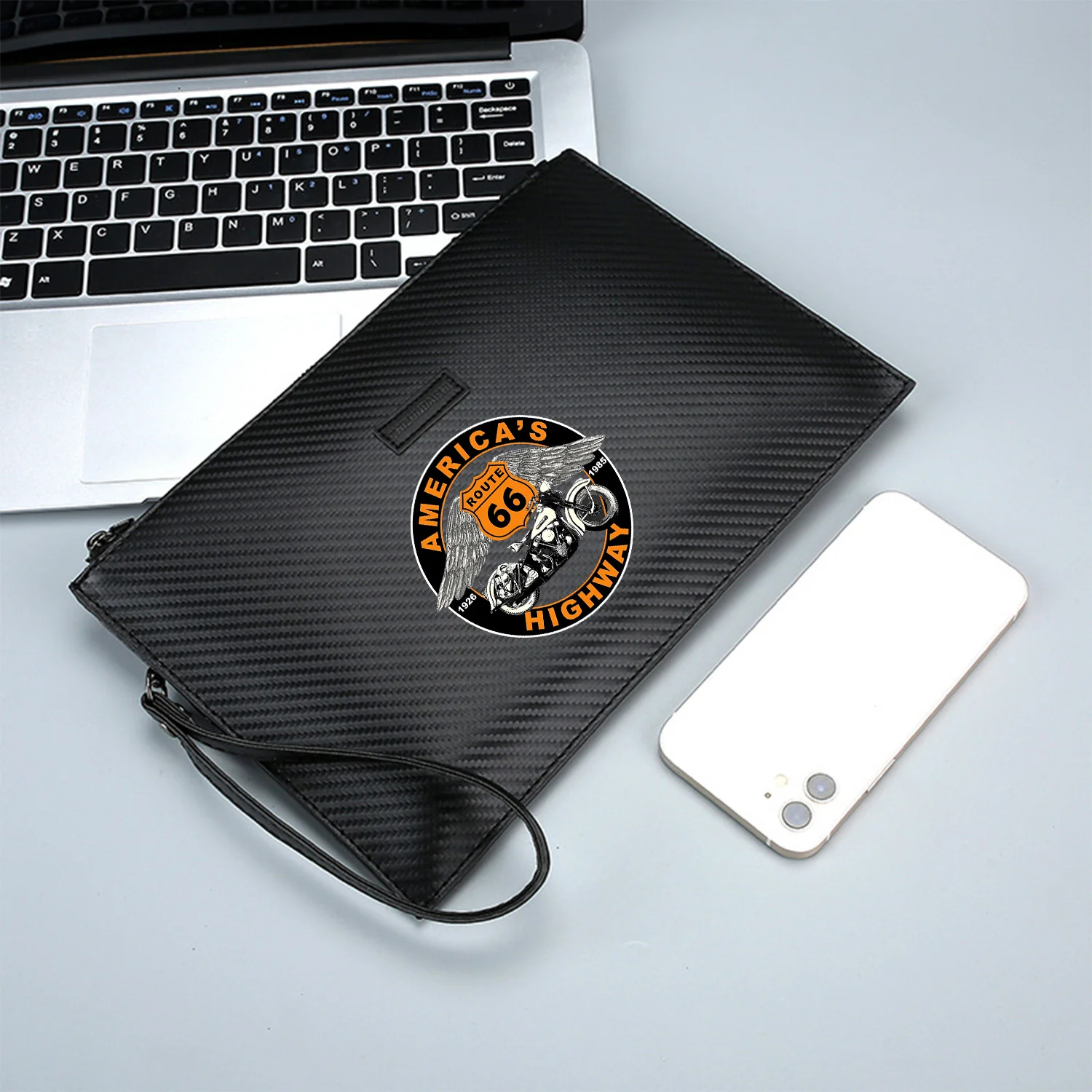 الطريق 66 أجنحة دراجة نارية أمريكا الطريق السريع أنيقة مطبوعة بولي PU حقيبة يد رجالية عصرية وعملية للحمل اليومي