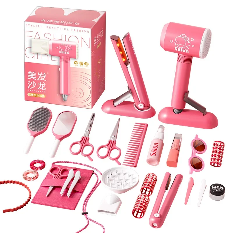 Set da salone di bellezza per ragazze, gioco di finzione, kit da taglio per capelli giocattolo da parrucchiere con grembiule a forbice per asciugacapelli e accessori per lo styling