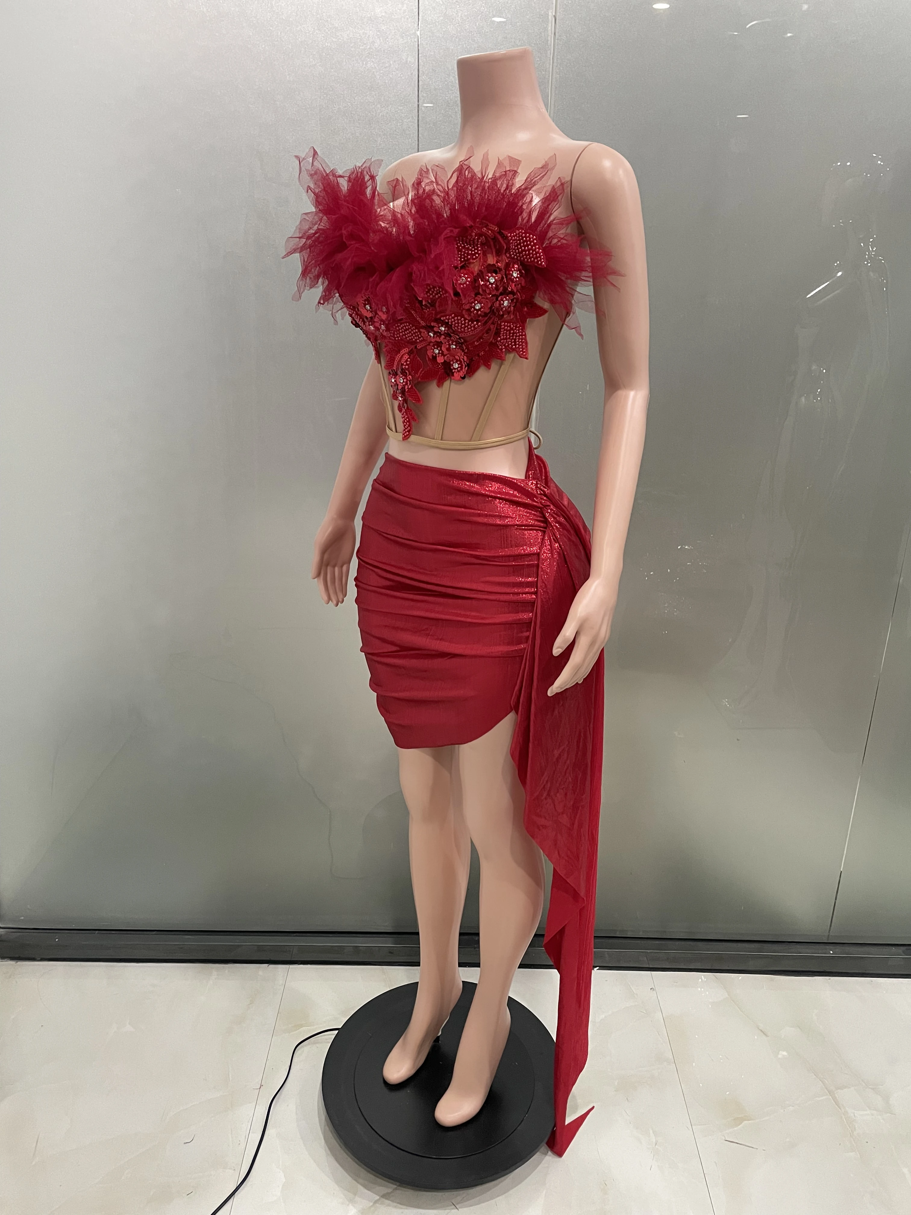 Sexy Red Beading Draped 2 Pieces Strapless Bodycon Mini Dress  Women Bar Singer Nightclub Party Club Celebrate Birthday Dress