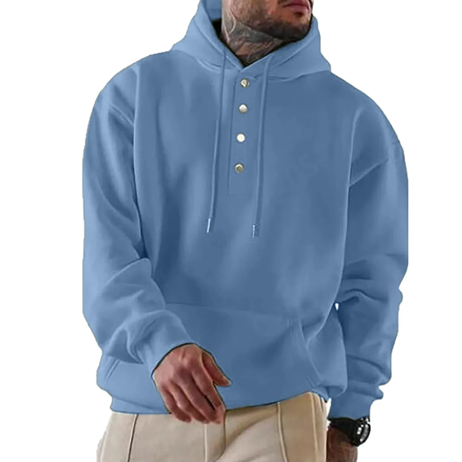 

Men Hoodies Pullover 2024 Autumn Winter Casual Sportswear Hooded Sweatshirts Solid Color Buttons Top Loose Sweatshirt for Male