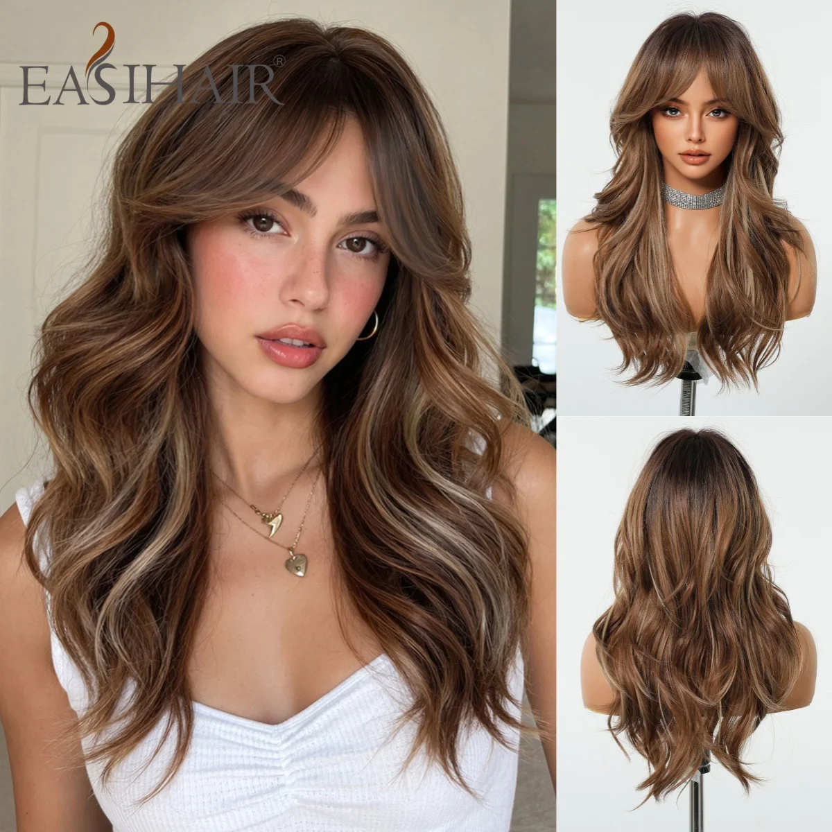 Dark Brown with Caramel Highlights Synthetic Wig Long Body Wave with Curtain Bangs Honey Blonde Balayage Heat Resistant Natural