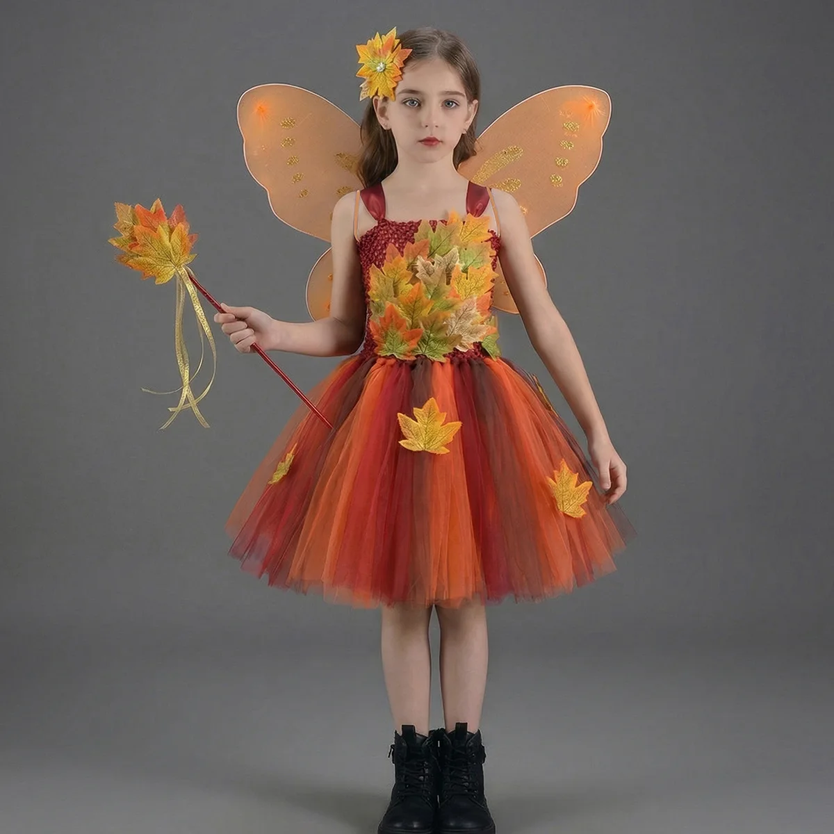 New Simulation Maple Leaf Girl Dress Thanksgiving Halloween Forest Elf Fairy Mesh Tutu Dresses Children Party Dress Up Costumes