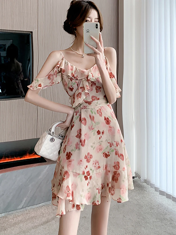 chiffon sling knee woman dress 2026 Pink Floral Chiffon Chic Ruffled Sling Dress Women Elegant Casual  Beach Dress Sets Summer Korean Fashion Casual Party Dress