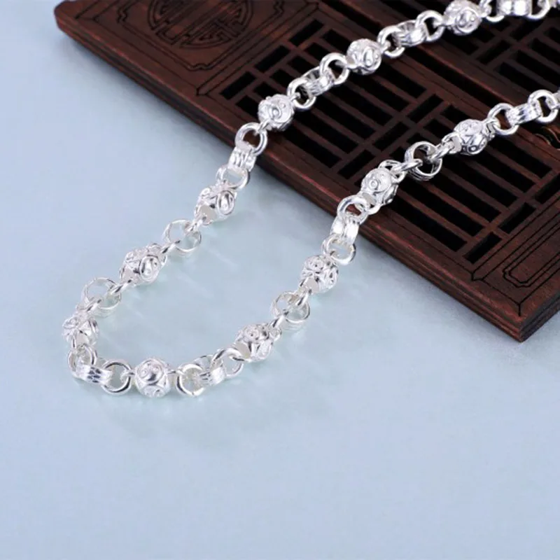 999 Pure Silver Necklace For Women Men Gossip Ball Rolo Link Dragon Head Chain 50/55/60cm Length