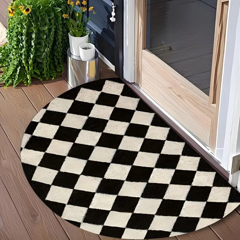 Modern Black and White Checkered Semi-Circle Doormat Non-Slip Half Moon Entrance Rug Classic Welcome Mat for Home Hallway