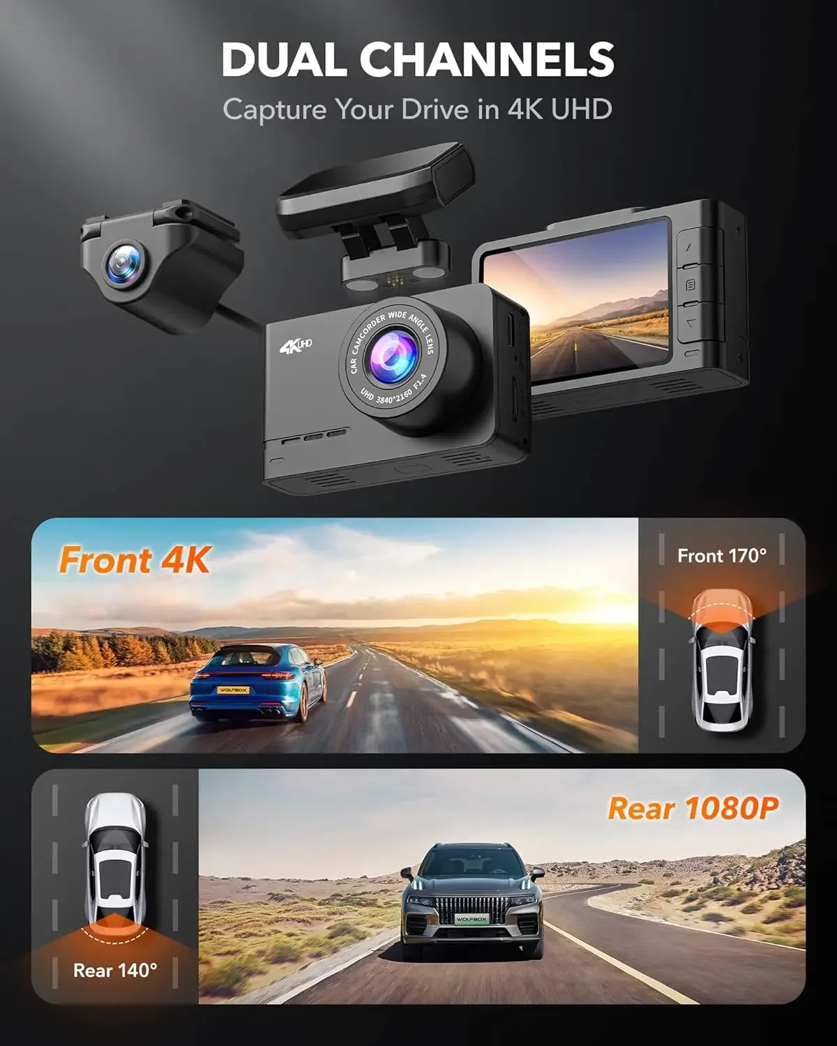 Wolfbox Dealer D07  Dual Double Dvr Car Front and Rear 4k 1080P Night Vision Hidden Dash Cam Black Box With WIFI GPS view 4