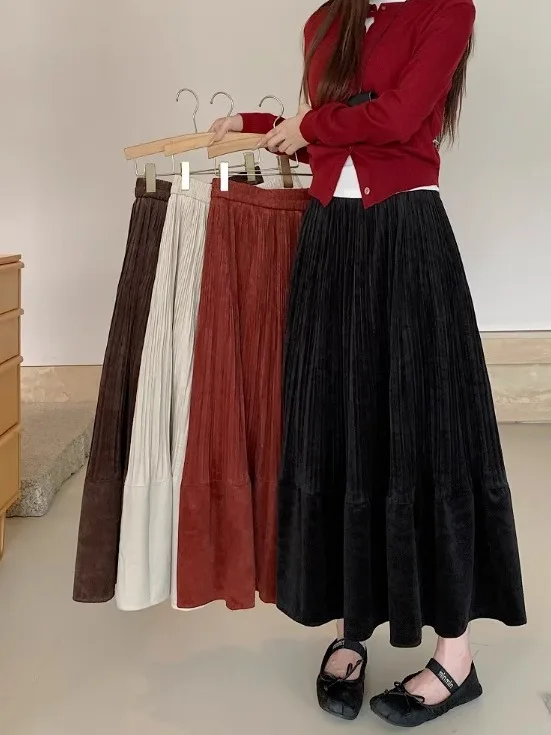 Gaganight Women Temperament Red Velvet Half A Line Skirt 2024 Women's Autumn New Vintage High Waisted Pleated Mid Length Skirt