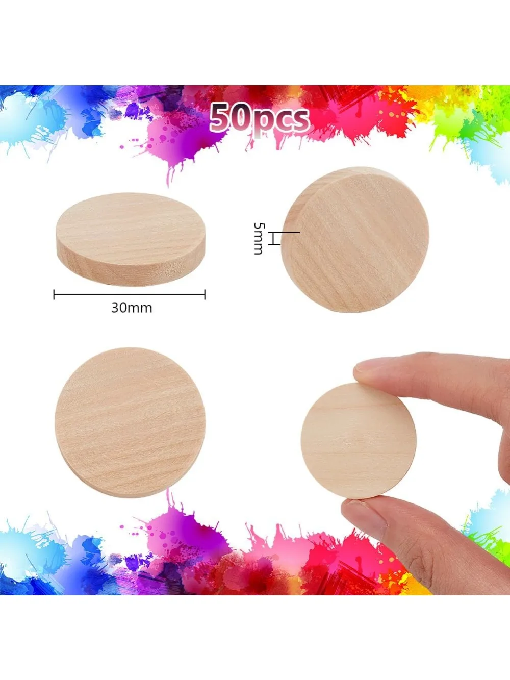 50pcs 1.2 Inch Unfinished Wooden Craft Circle Cutouts Round Beech Wood Thick Circles Slices Blank Wood Ornaments Decoration