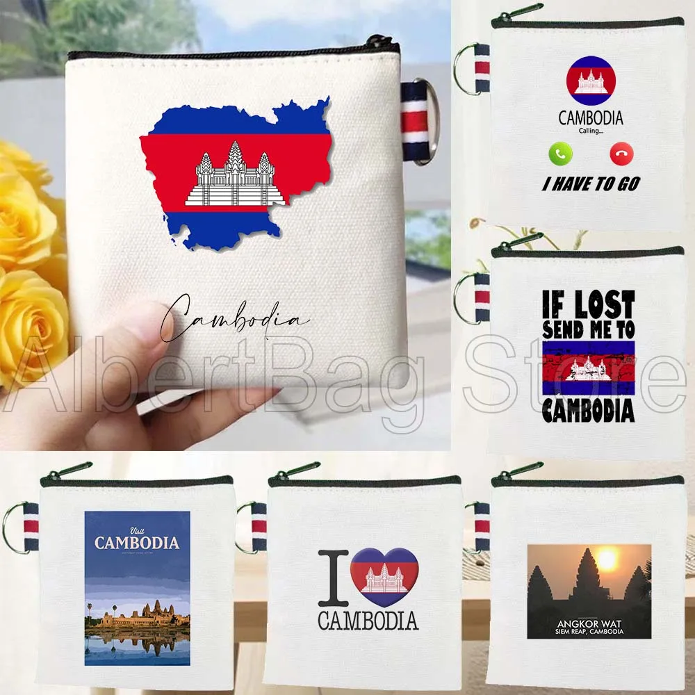 

Cambodia Country Map Flag Angkor Wat Gifts Canvas Bags Key Coin Purse Small Square Cotton Bag Storage Card Wallets Holders Pouch