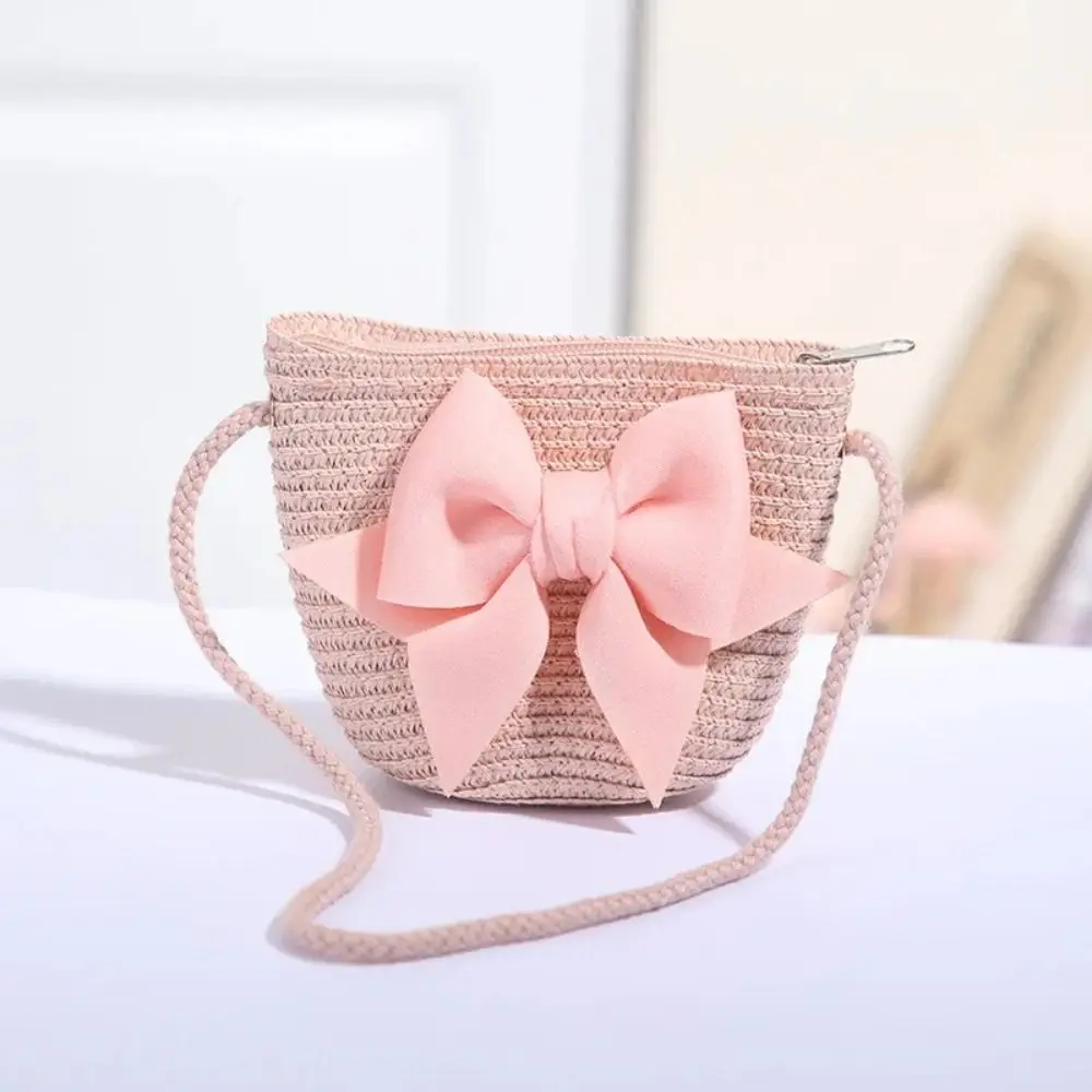Summer Handmade Woven Girl Straw Bag Cute Solid Color Pink Bow Kid Messenger Bags Photo Props Coin Purse Storage Basket