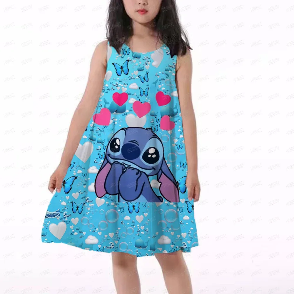 Disney Stitch Hot Casual Party Home Dress For 3-14 Years Children Kid Girl Imitation Cotton Sleevesless Stich Printed Dresses