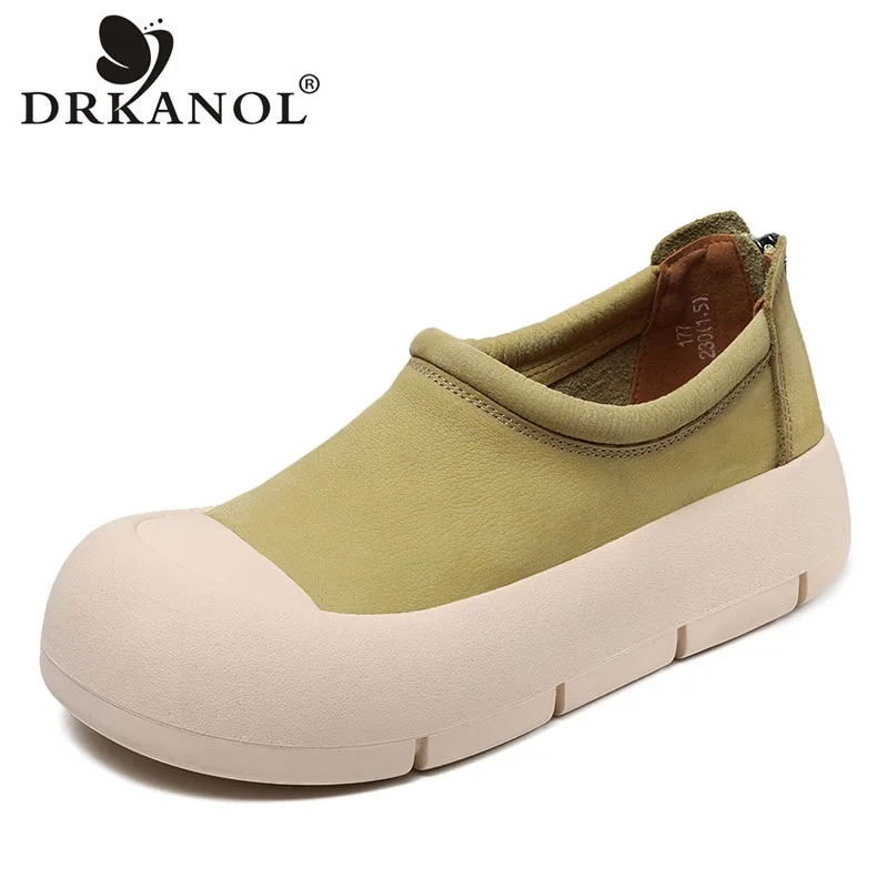 DRKANOL Fashion Women Flat Platform Shoes Spring Round Toe Back Zipper Genuine Cow Leather Academic Style Casual Loafers Female