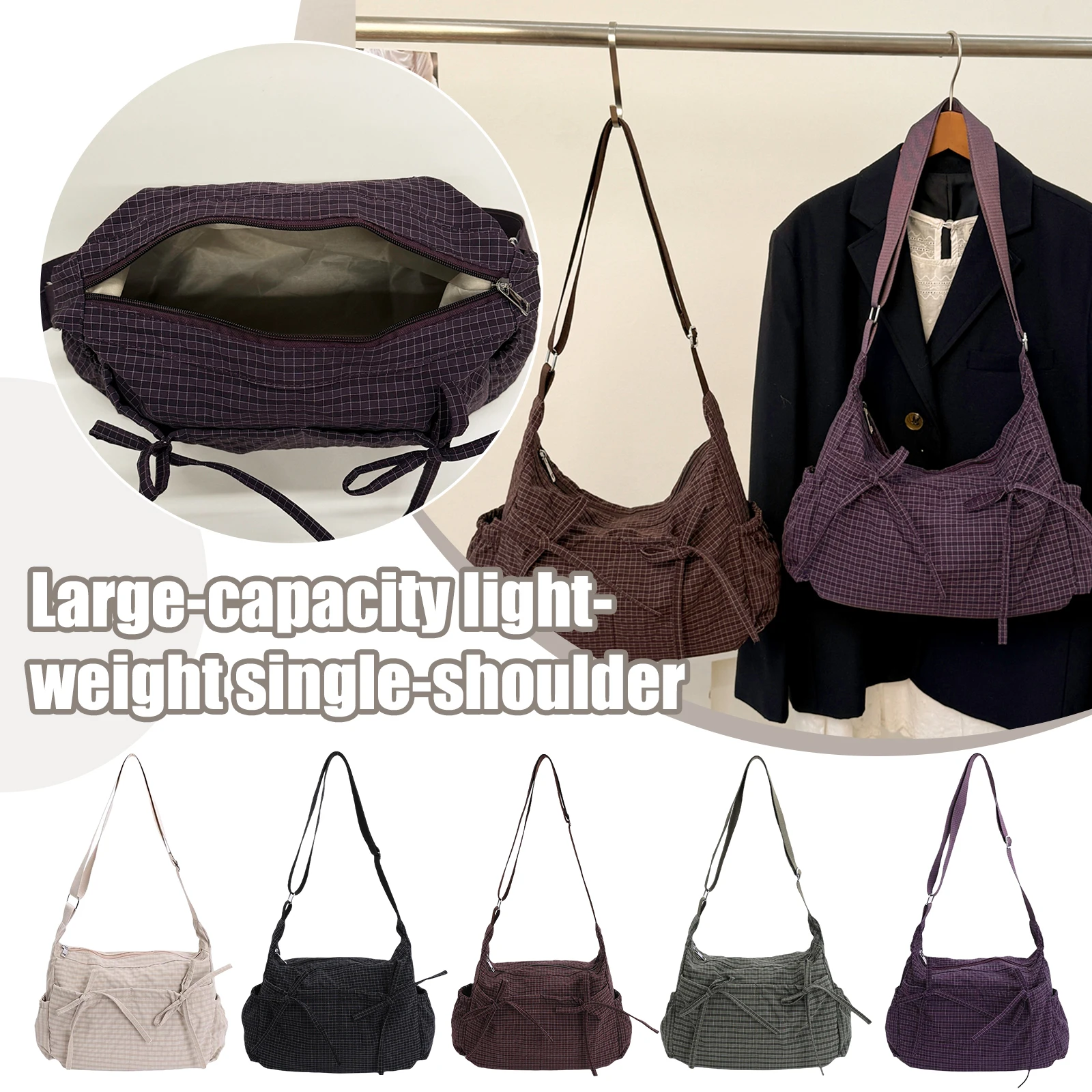 

Сумка-мессенджер Lazy Style в клетку с рюшами и бантом, большая вместимость, регулируемый ремень, для повседневного использования и путешествий