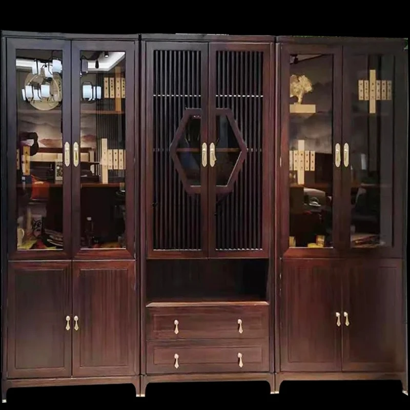 New Chinese solid wood bookcase ebony bookcase glass door as a whole