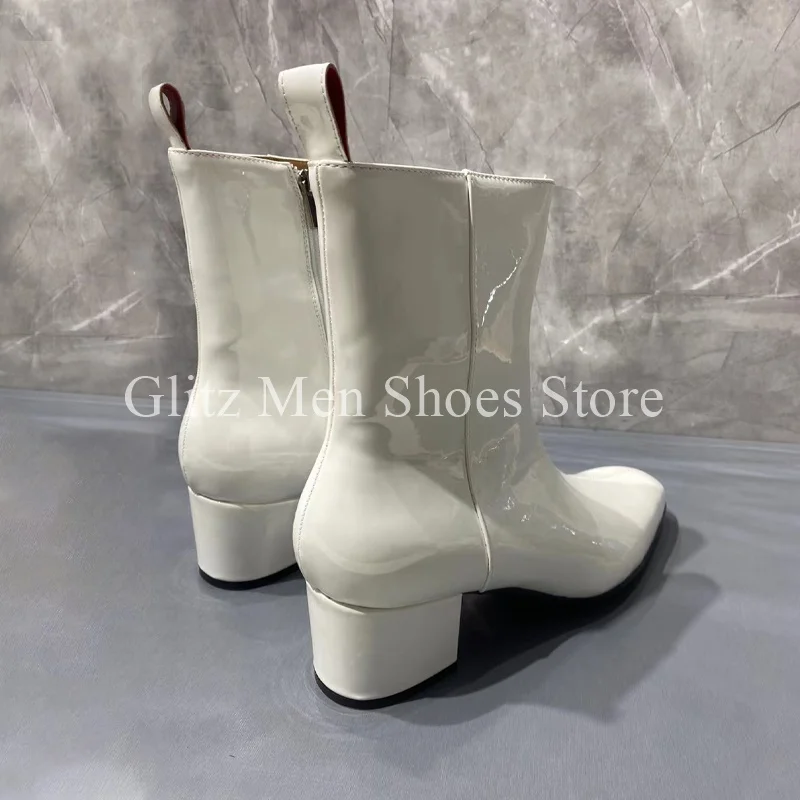 White Patent Leather Zipper Men\'s Boots Winter Ankle Boots Classical Casual British Style Handmade Office Shoes Men Boots