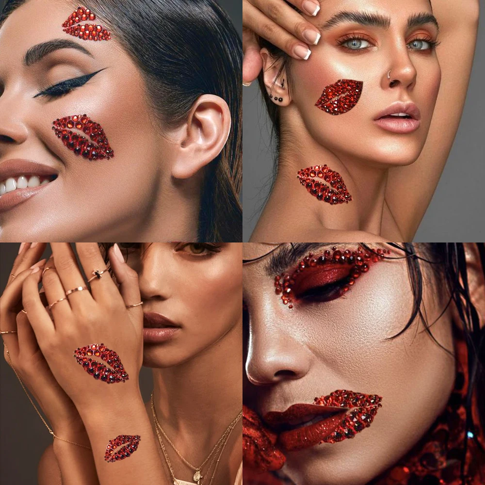 1/2/5 قطعة ثلاثية الأبعاد أحمر الشفاه الراين الوجه لصاقات وشم مثير قبلة الماس لاصق ملصق الزفاف يؤرخ النساء الوشم المؤقت