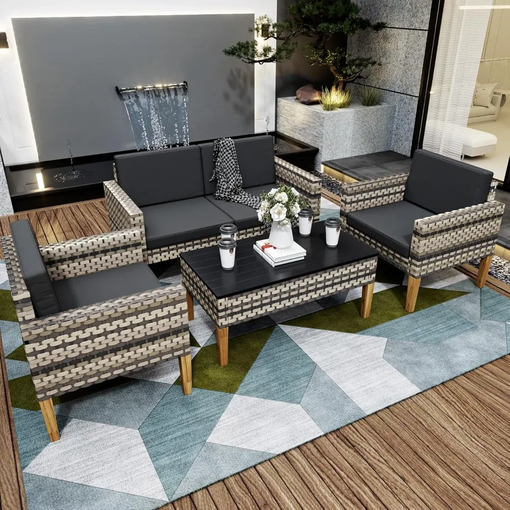 

4 Piece Patio Furniture Set，All Weather Wicker Bistro Set with CoffeeTable and Rattan Loveseat Couch，Patio Furniture Set with Wo