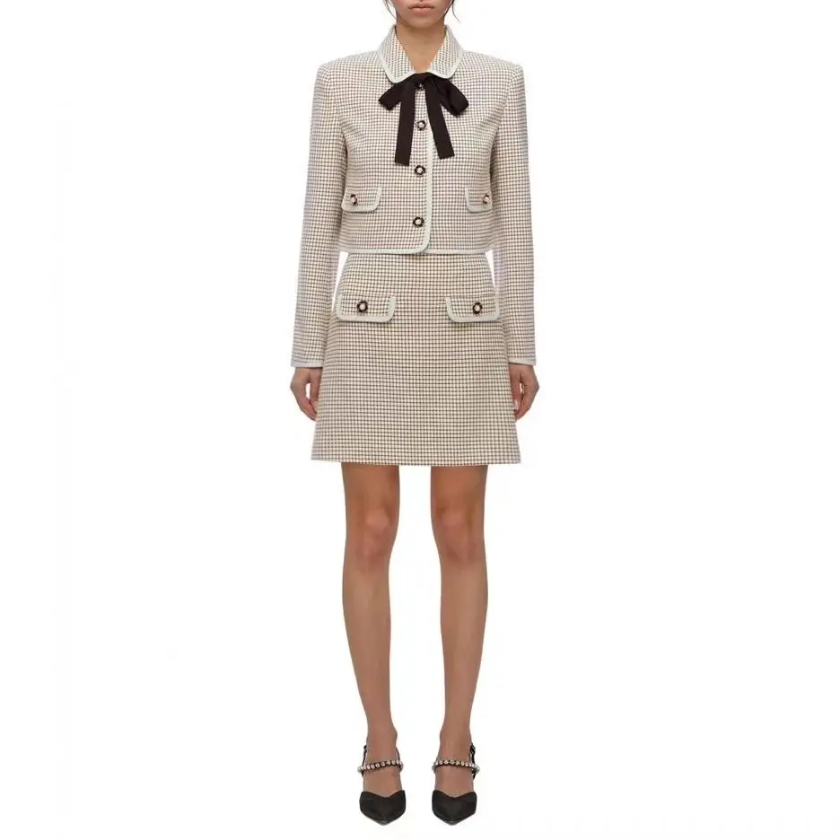 Women Thousand Bird Grid set Bow short Coat + mini Skirt