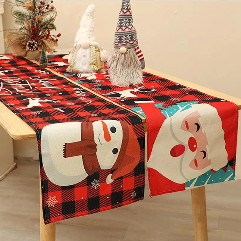 Santa Table Runner Christmas Tree Tablecloth 13x72inch/33x180cm Snowflake Farmhouse Table Runner Red Black Plaid Table Cloth For