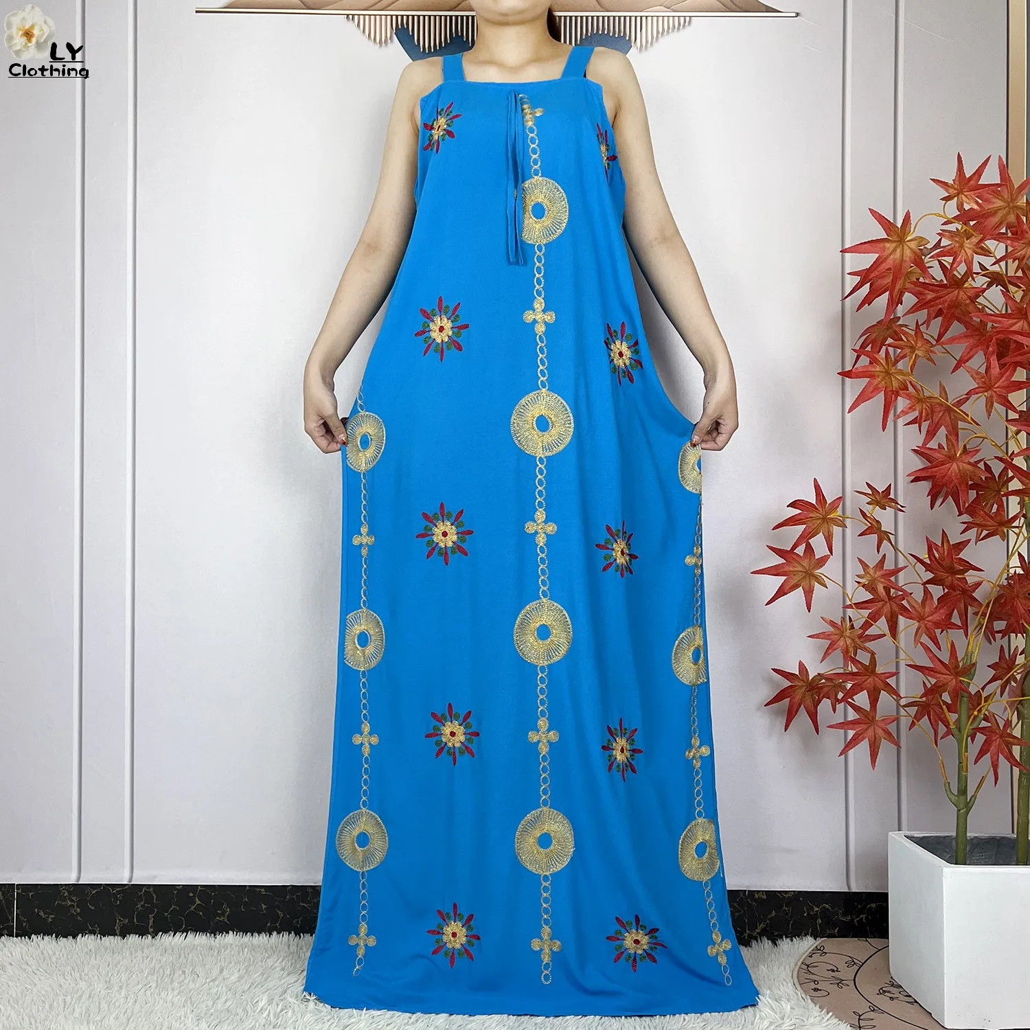 New Dubai Lady Party Summer Fashion Sleeveless Dress With Big Scarfs African Dashiki Women Maxi Cotton Embroider Loose Vestidos