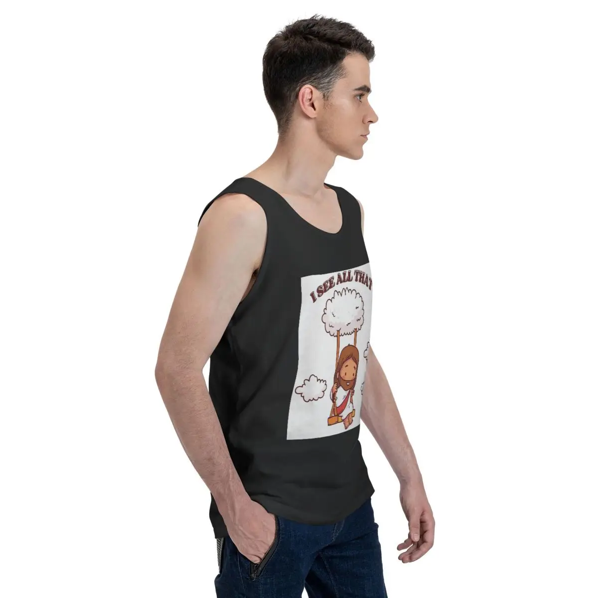 I See All That Cute Jesus On A Cloud Swing 100% Cotton Men's Sweatshirt Vest Sleeveless Clothing Tees Men Tank Tops T-shirt
