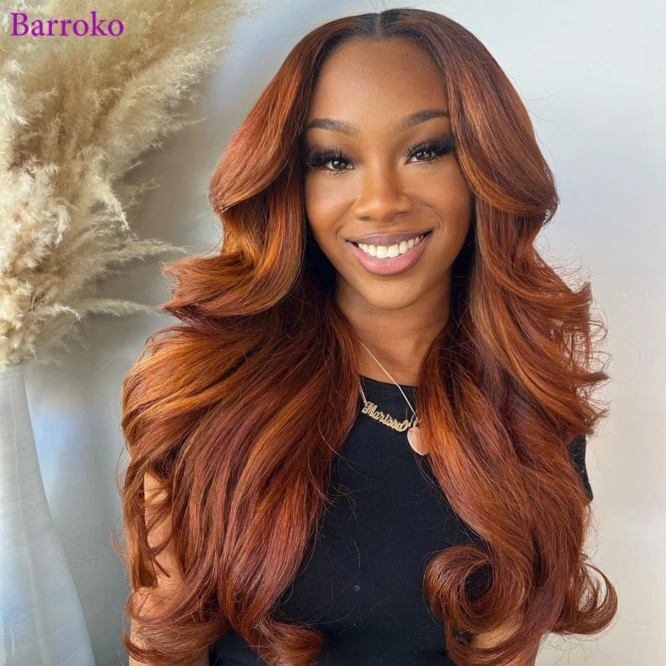 Barroko Ginger Orange Lace Front Wigs Human Hair 34 Inch Body Wave Transparent Lace Frontal Wig 180% Density Remy Hair For Women