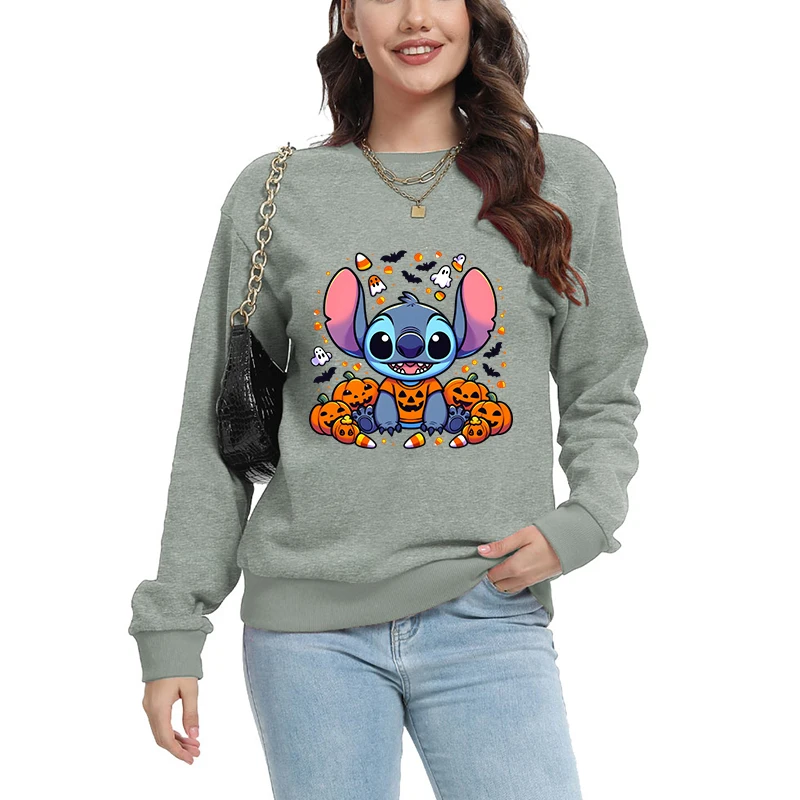 

Halloween Cartoon Woman Clothing Stitch Print Long Sleeve Y2k Ladies 2025 Autumn Pullover Cotton Tops Clothes Pumpkin Skeleton