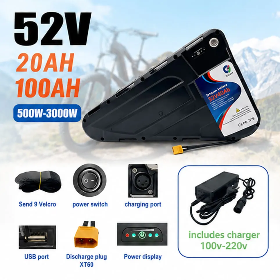 Dreieckiger E-Bike-Akku 52V 20-40AH, wasserdichter Hartschalenkoffer, Hochleistungs-Akkupack, starke Leistung, geeignet für 350W bis 1000W Motoren, Mountainbike-Akku, Lieferung aus Polen.