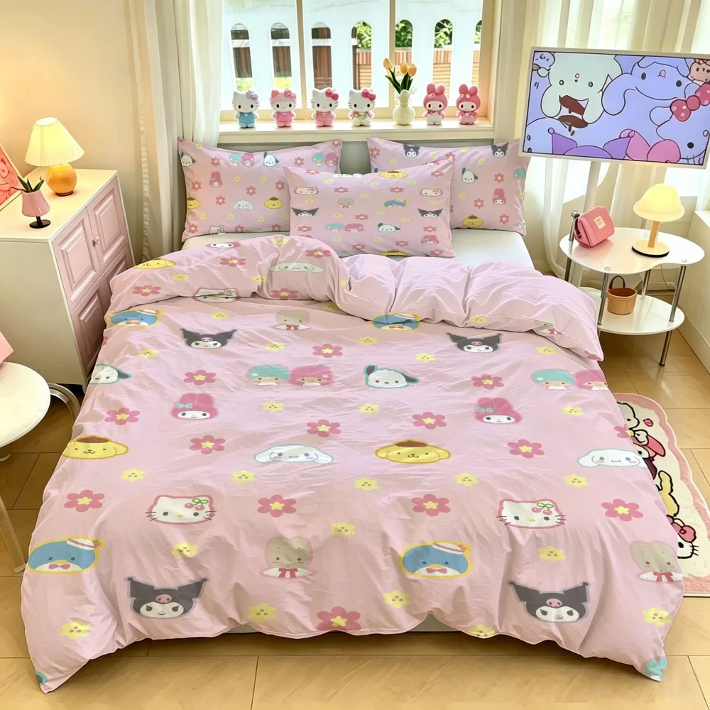 Sanrio Hello Kitty Cotton Bedding Set 3pcs, Soft Duvet Cover with Pillowcase, Cute Cartoon Bed Linens for Girls Dorm Gift Twin F