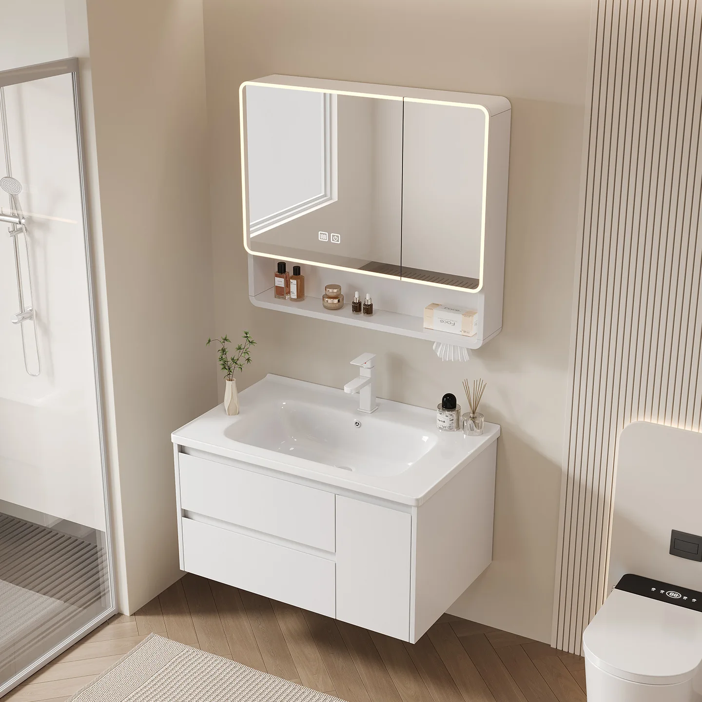 Armario con espejo de baño de aleación de aluminio en forma de panal engrosado, lavabo integrado de cerámica, inodoro, arco elevado, mir de belleza inteligente