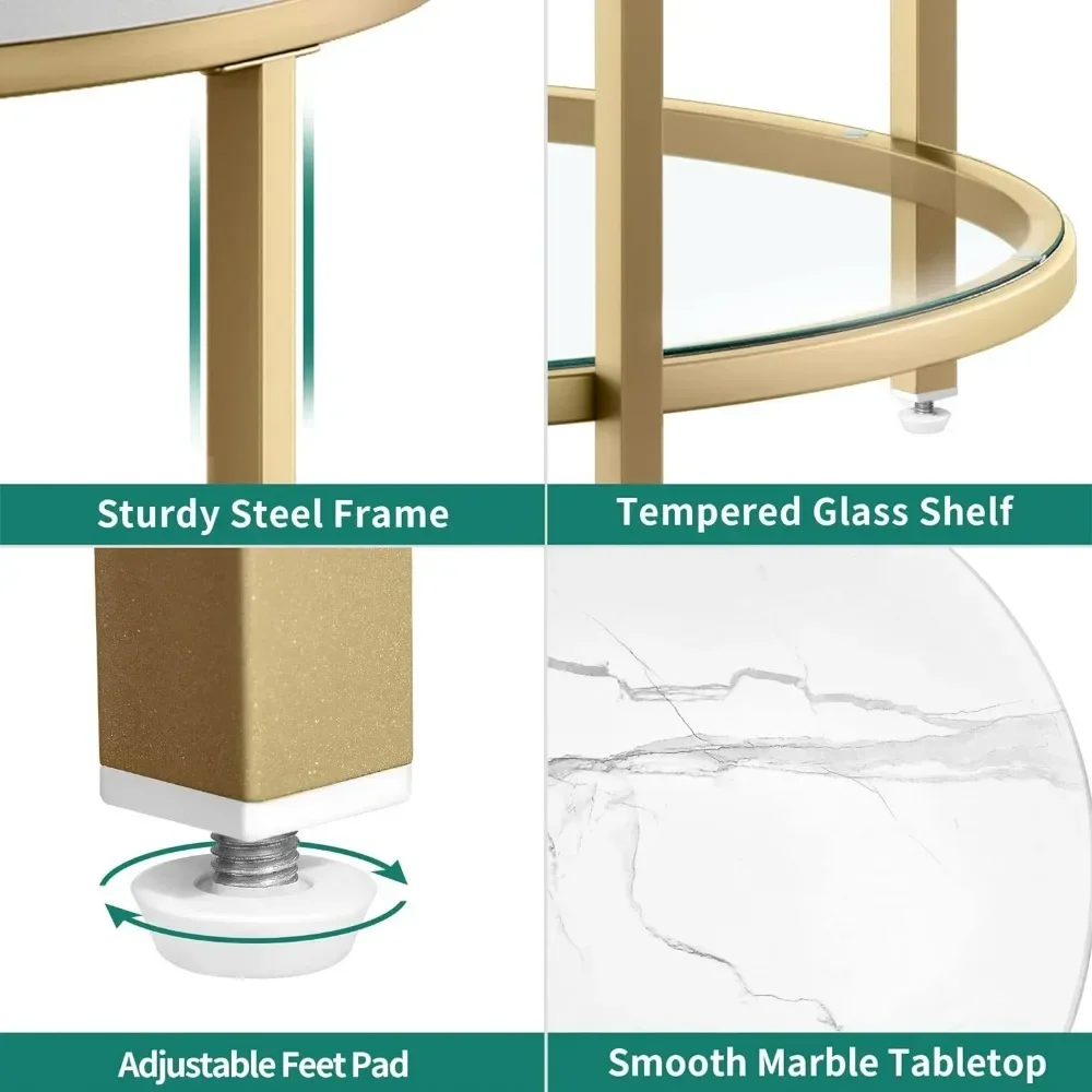 XMSJ-Table Basse Ronde à 2 Niveaux en Verre de Marbre, avec Rangement, Transparente, Simple et Moderne, Blanche