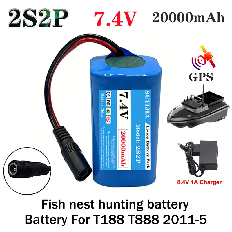Batterie lithium-ion longue durée pour bateau de pêche télécommandé/GPS V020 D19 V801 V18 2S2P 7.4V 20Ah neuve