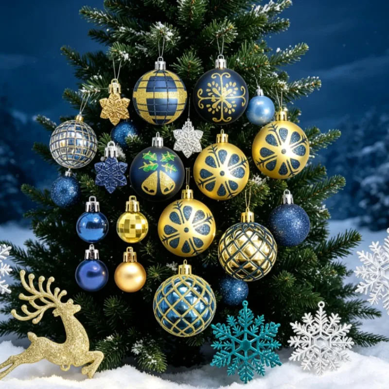 46PCS Blue and Gold Reindeer Christmas Tree Ornament Gift Set Transparent Hand Painted Christmas Ornaments Christmas Gift