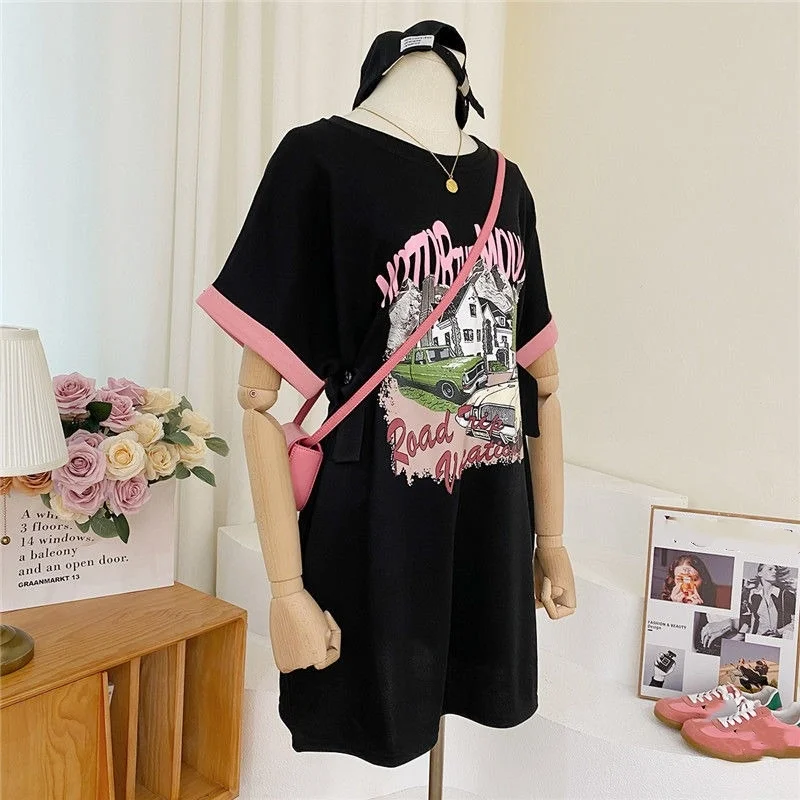 T-shirt larghe con stampa casual estiva da donna Mini abito 2025 Abiti a maniche corte con lettera di nuova moda Comodo abbigliamento con o-collo