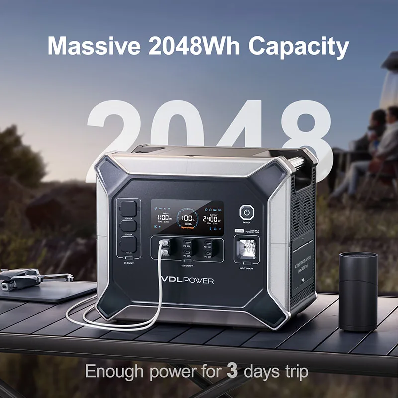 VDL 2400W Portable Power Station, LiFePO4 Battery, 2H Fast Charging, 6x AC Outlets, 4800 Peak, for Outdoor Camping and RVs