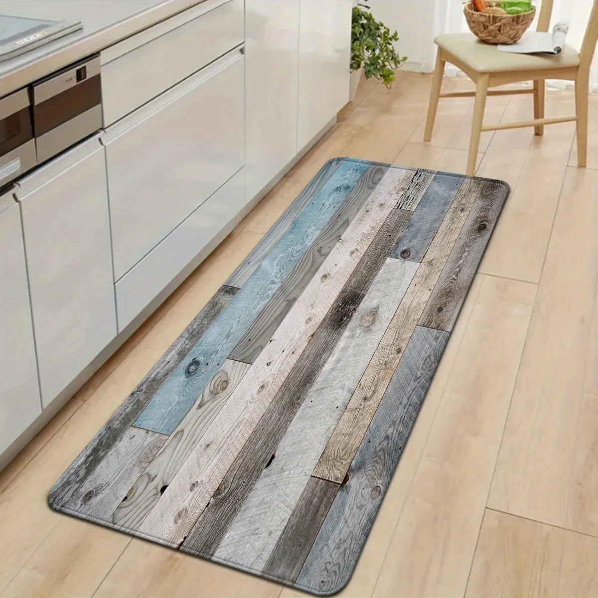 Modern Blue Grey Wood Grain Kitchen Floor Mat, Non-Slip Long Runner Rug for Hallway Entryway, Easy-Clean Scandinavian Home Decor