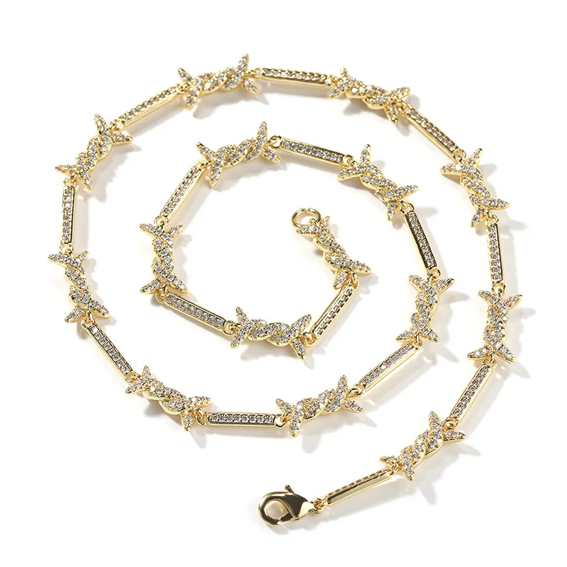 

14"-20" Hip Hop 5A+ CZ Stone Paved Bling Iced Out Thorn Fine Iron Wire Link Chain Necklaces for Men Women Unisex Rapper Jewelry