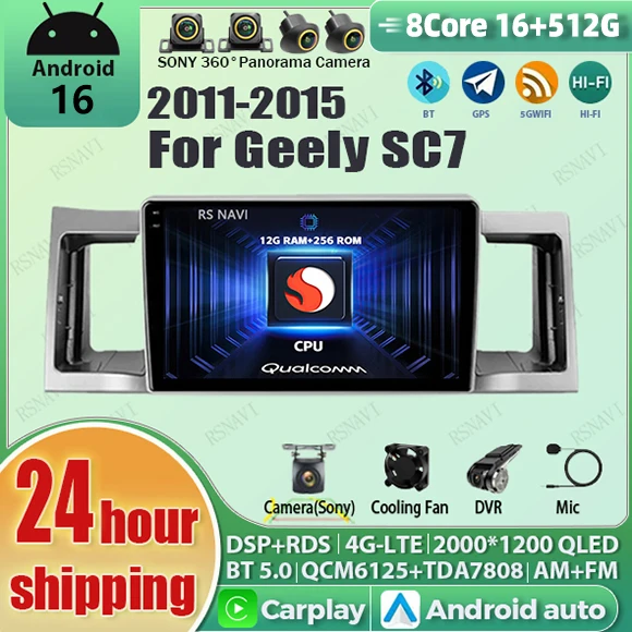 Android 16 Carplay Auto Qualcomm 2K QLED Screen Car Radio Player For Geely SC7 2011 2012 - 2015 GPS Wifi Multimedia 4G Stereo BT