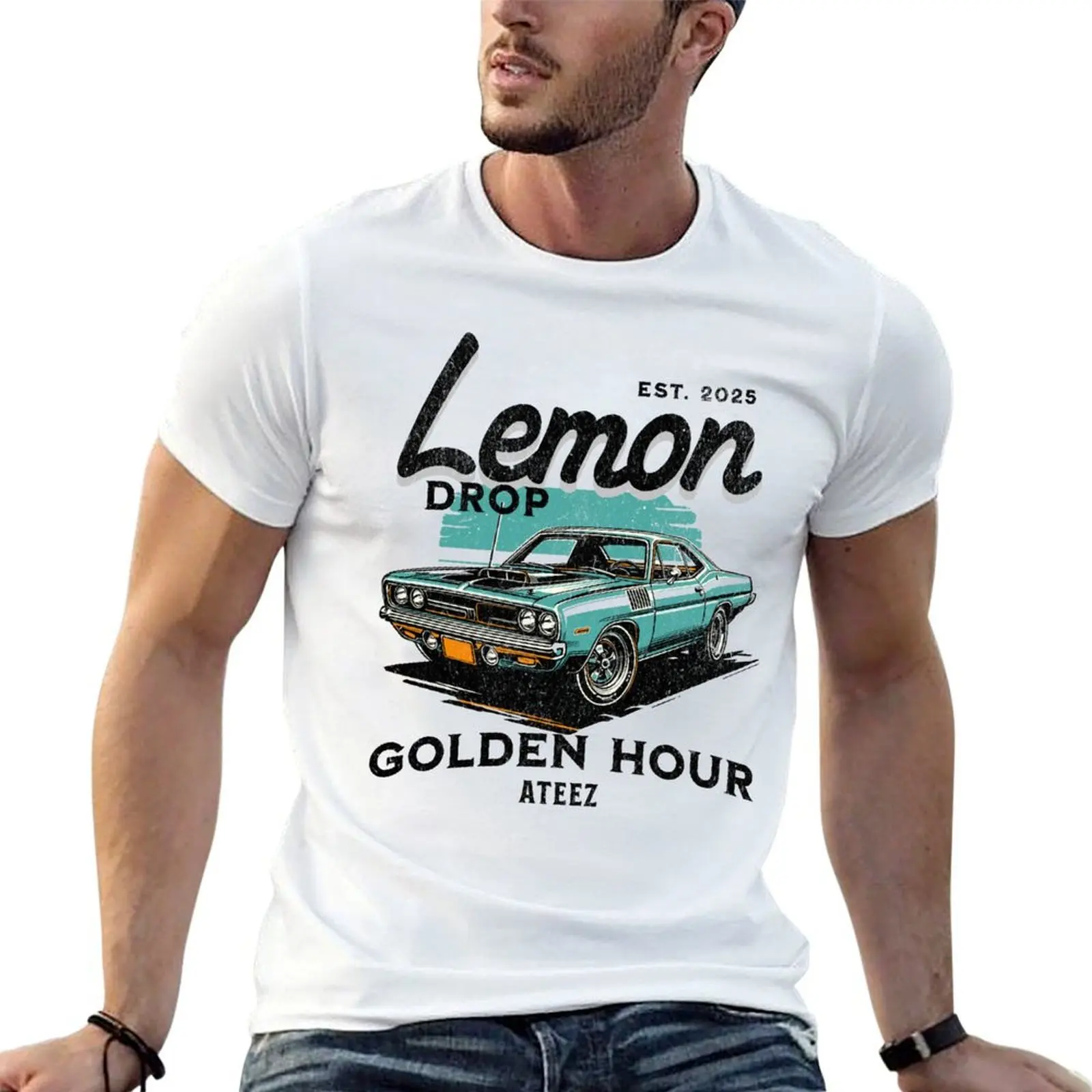 

Lemon drop ATEEZ ATINY car typography Morcaworks T-Shirt man t shirts graphic t shirt man casual man graphic t shirt T-Shirt