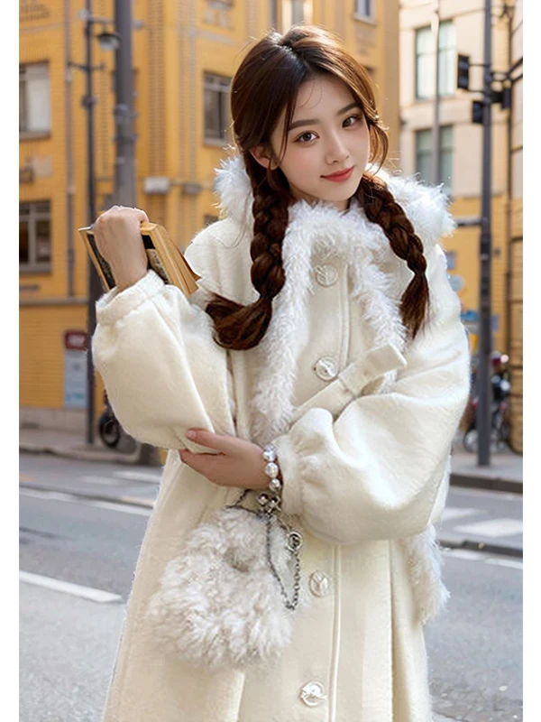 

Милое пушистое шерстяное пальто для женщин, новое, молочно-белое, свободного кроя, средней длины, в корейском стиле, прямого силуэта