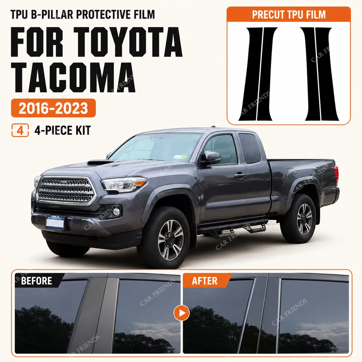 2x Glossy Black Custom Fit For Toyota Tacoma 2016-2023 TPU B-Pillar Protective Film Door Window Pillar Trim Protector