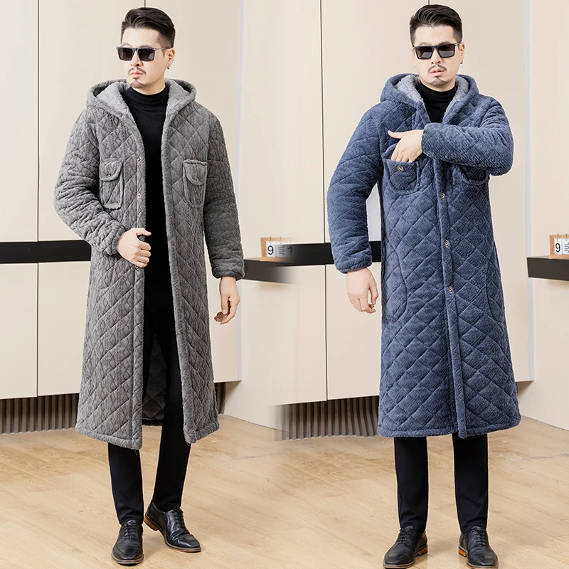 معطف مبطن بالقطن من Thiened للرجال ملابس منزلية طويلة فوق الركبة ملابس عمل دافئة مبطنة بالقدمين كاجوال Sle Faionable U... #3