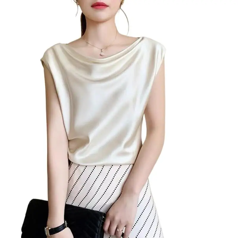 Women's Summer Silk Satin Blouse Sleeveless Elegant White Office Shirt Beautiful Chiffon Swing Collar Top