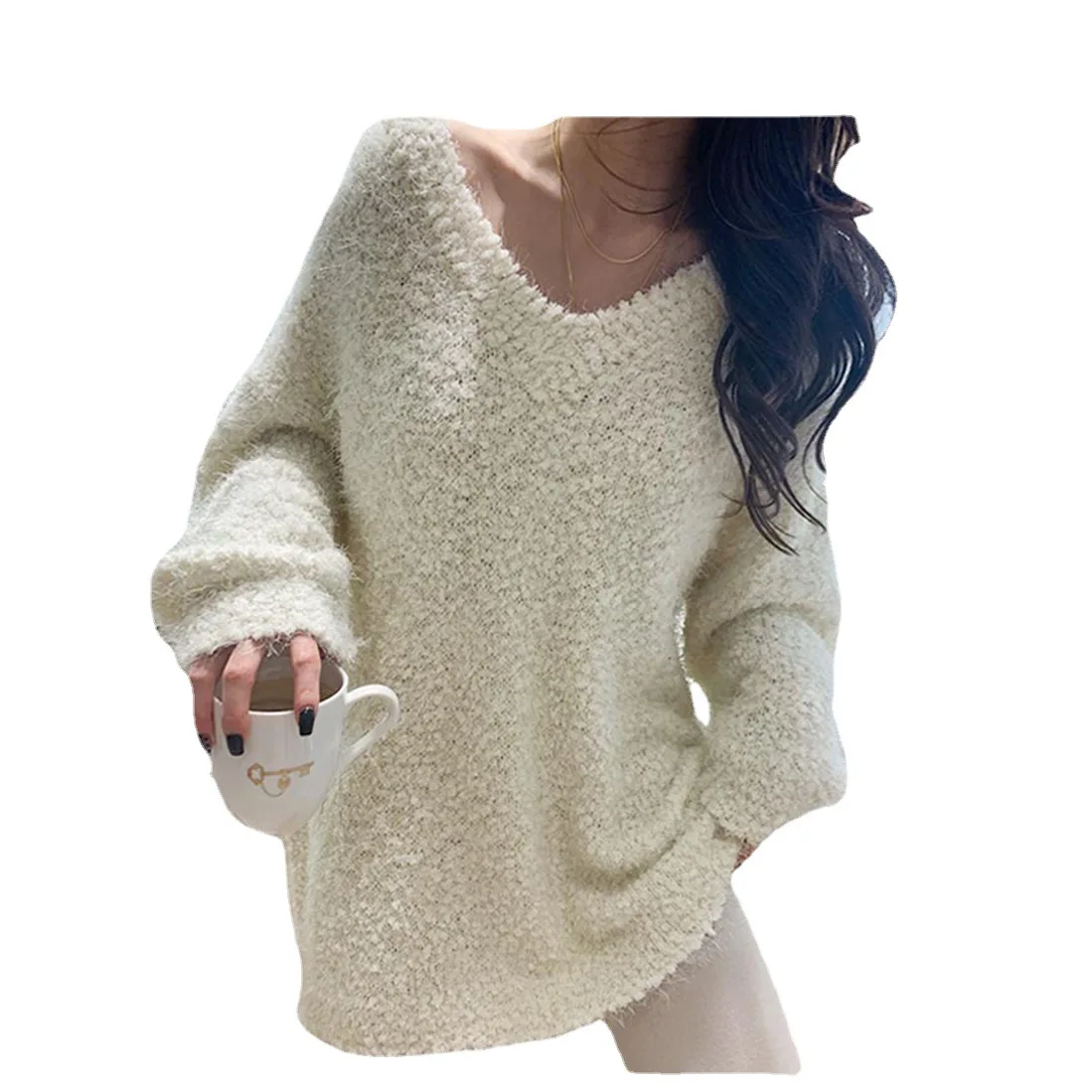 Loose V-neck Solid Color Casual Sweater for Women 2025 Autumn and Winter New Japanese and Korean Women's Top