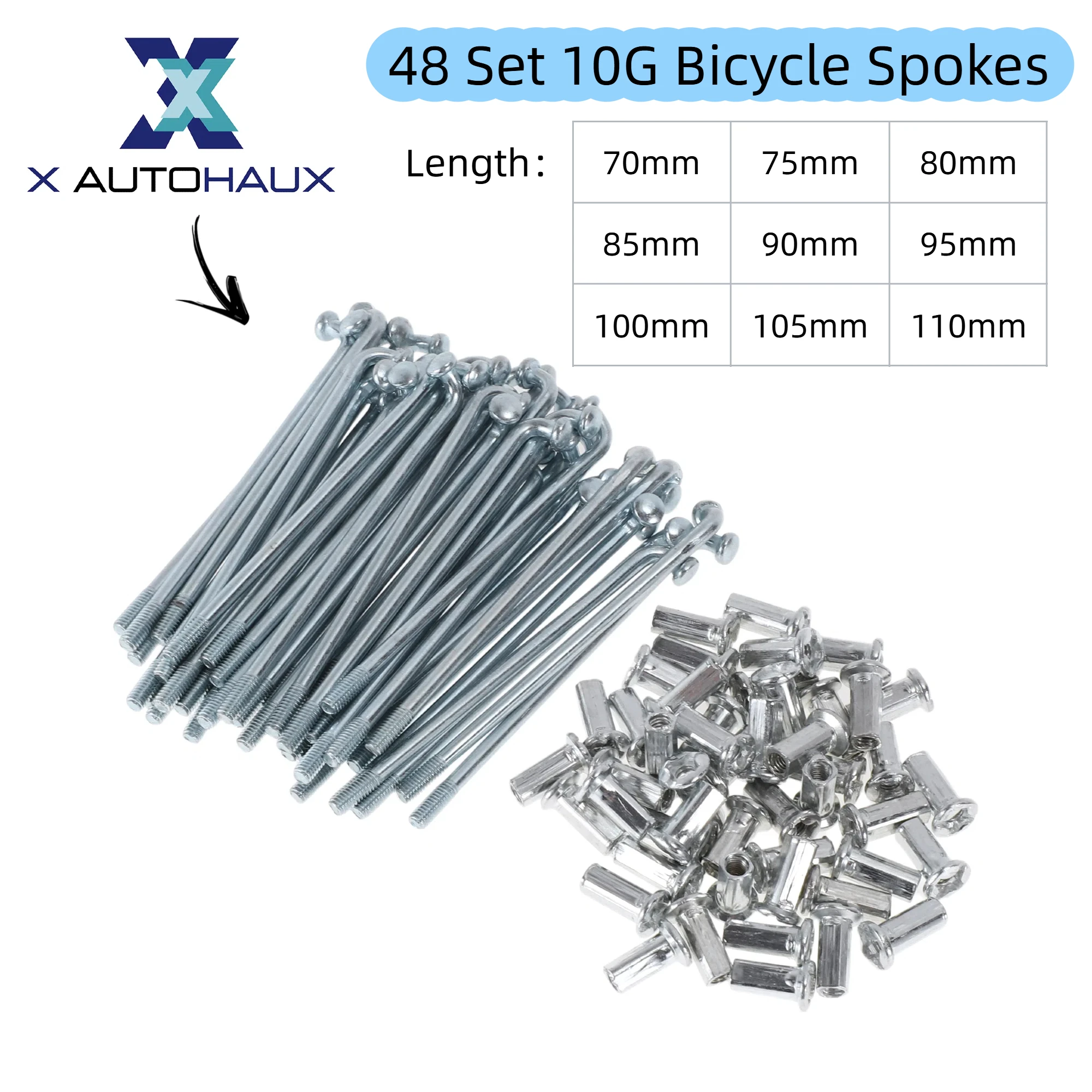 

X Autohaux 48 комплектов 10G велосипедных спиц 70 мм 75 мм 80 мм 85 мм 90 мм 95 мм 100 мм 105 мм 110 мм Спицы велосипедных колес из углеродистой стали оцинкованные