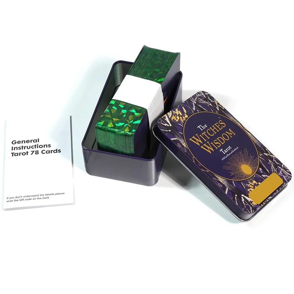10.3*6cm The Witchesโ Wisdom Tarot Deck In A Tin Box with Green Gilded Edges 78 Pcs Tarot Cards with Guidebook for Beginners