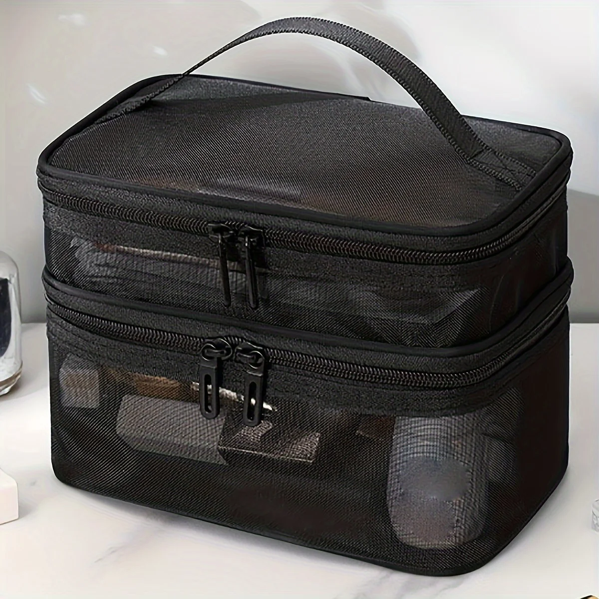 

Travel large-capacity mesh bag, toiletry bag, cosmetics visible storage bag, skincare hand-held makeup bag, one set